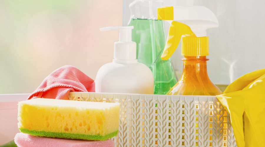 Basket of house hold cleaning supplies